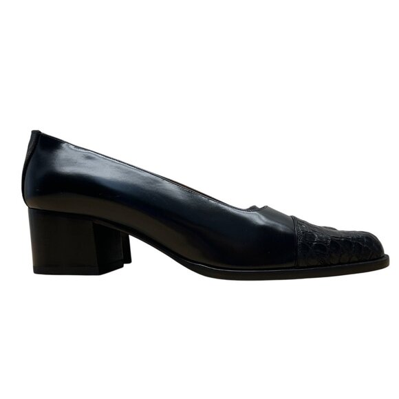 Ralph Lauren Black Leather Croc Embossed Toe Low Heel Pumps Sz 6B - Picture 1 of 8